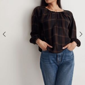 Madewell Women‎ Shirred Peasant Top in Windowpane Blouse Size Small Long Sleeves